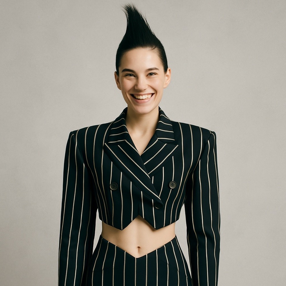 Susan Dicks & Co Custom Black White Pinstripe Cropped Blazer Jacket Dbl Breasted